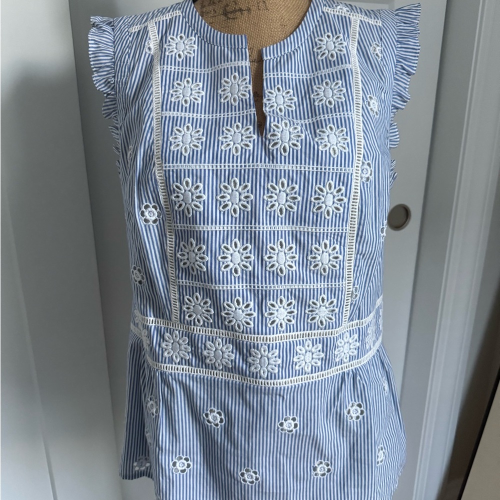Boden blue and White Embroidered Women's Top NWT